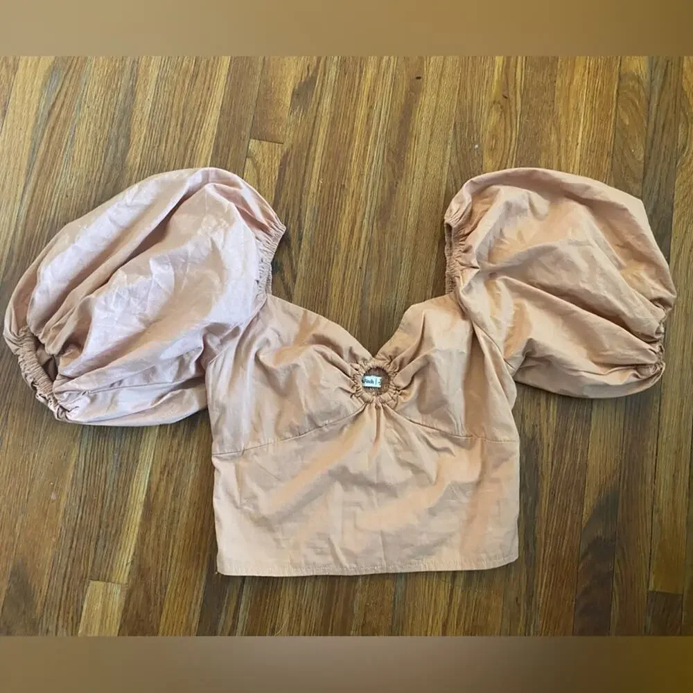 Abercrombie & Fitch Terracotta beige O-Ring Sweatheart Puff Sleeve Poplin Top XS